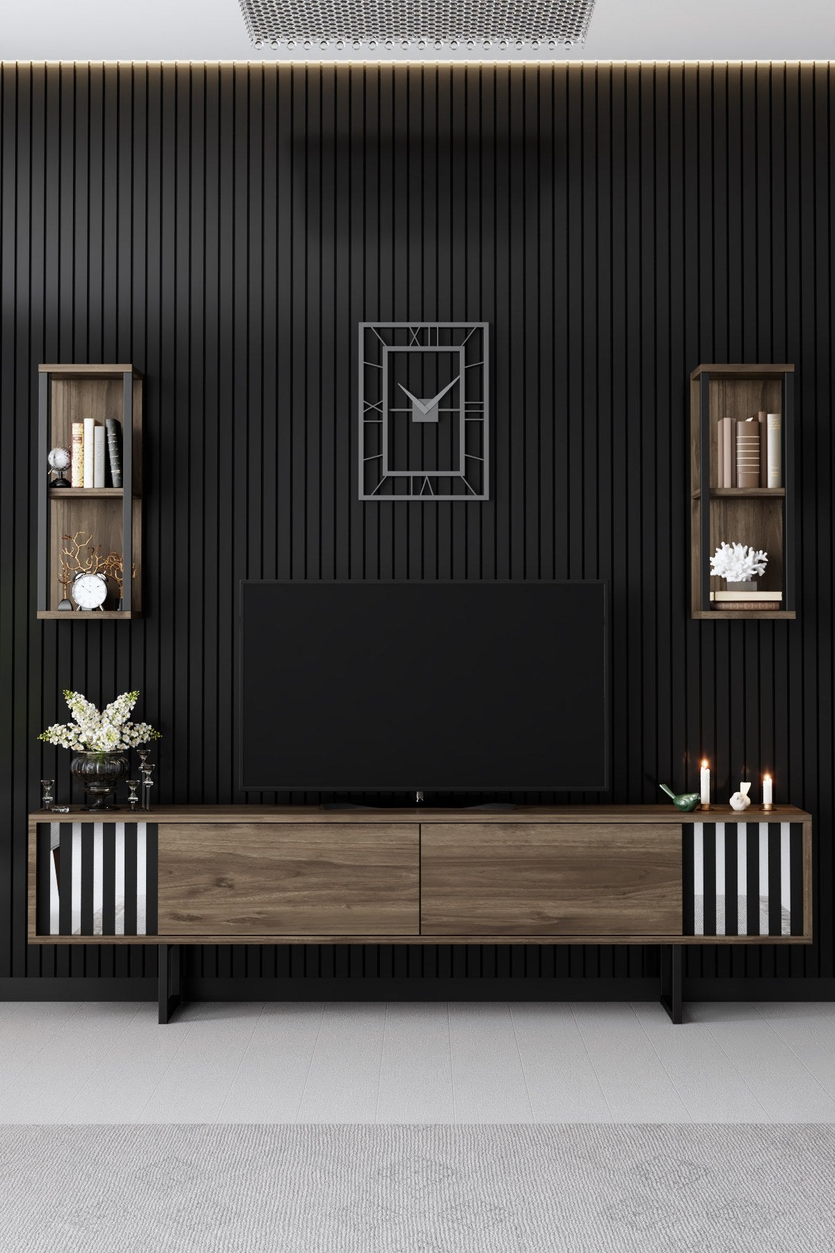 Komoda za TV, Chrome Line - Walnut, Black