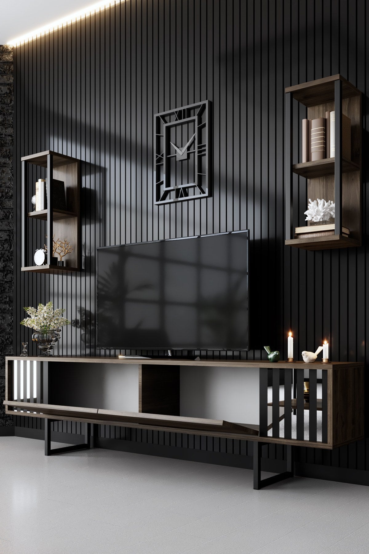 Komoda za TV, Chrome Line - Walnut, Black