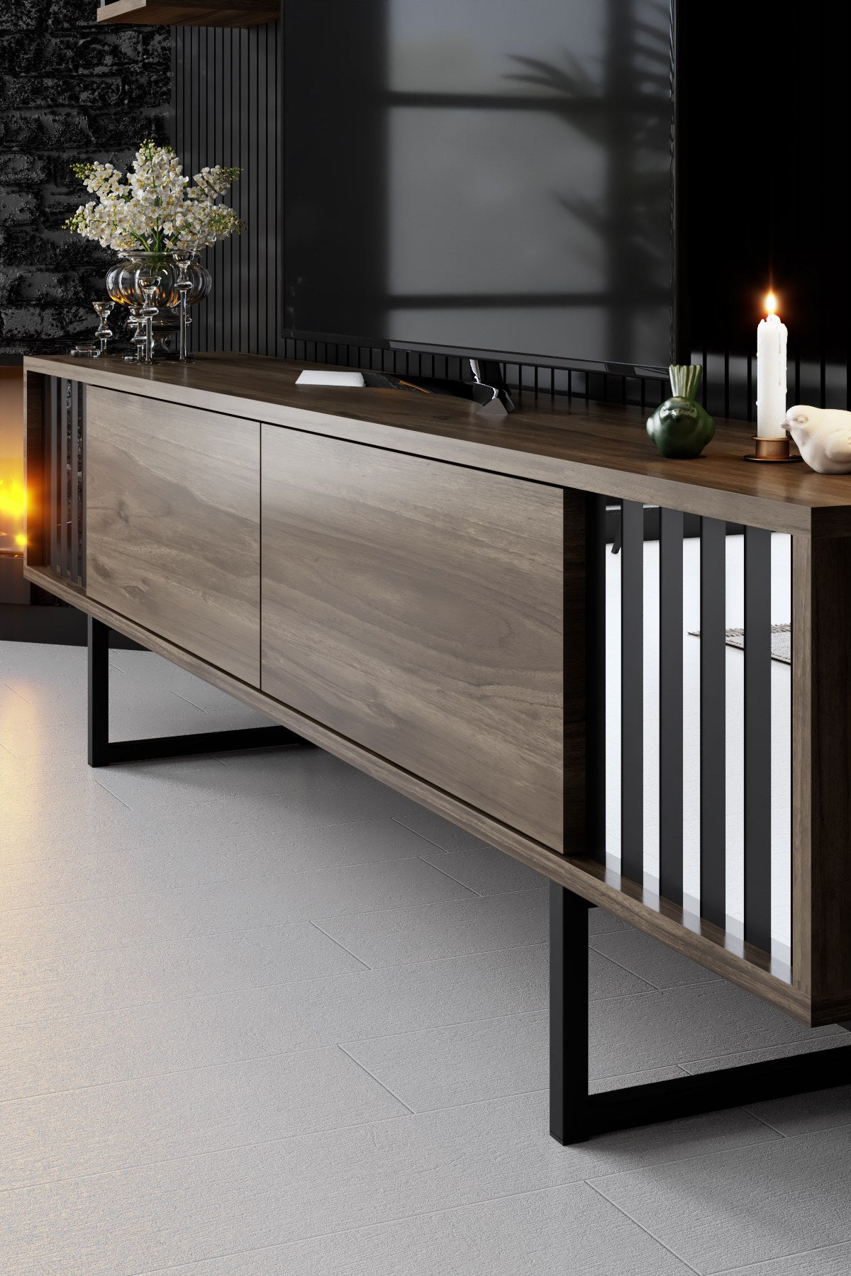 Komoda za TV, Chrome Line - Walnut, Black