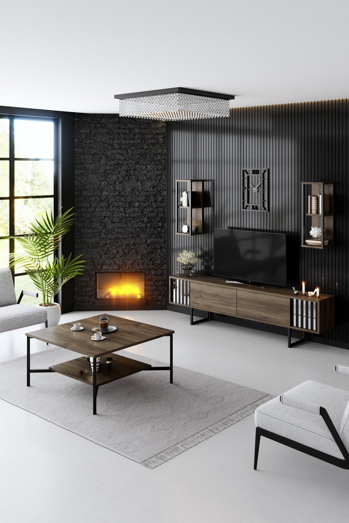 Komoda za TV, Chrome Line - Walnut, Black