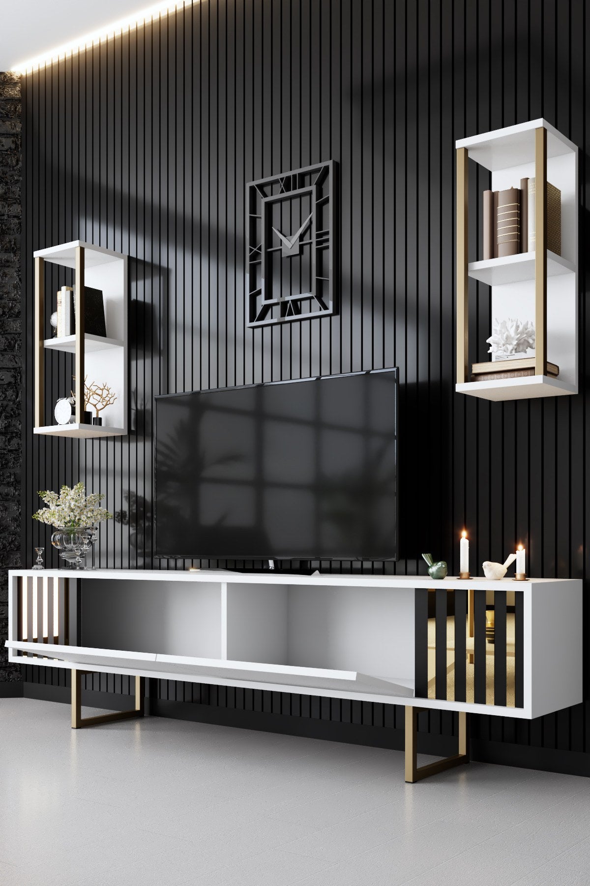 Komoda za TV, Gold Line - White, Black