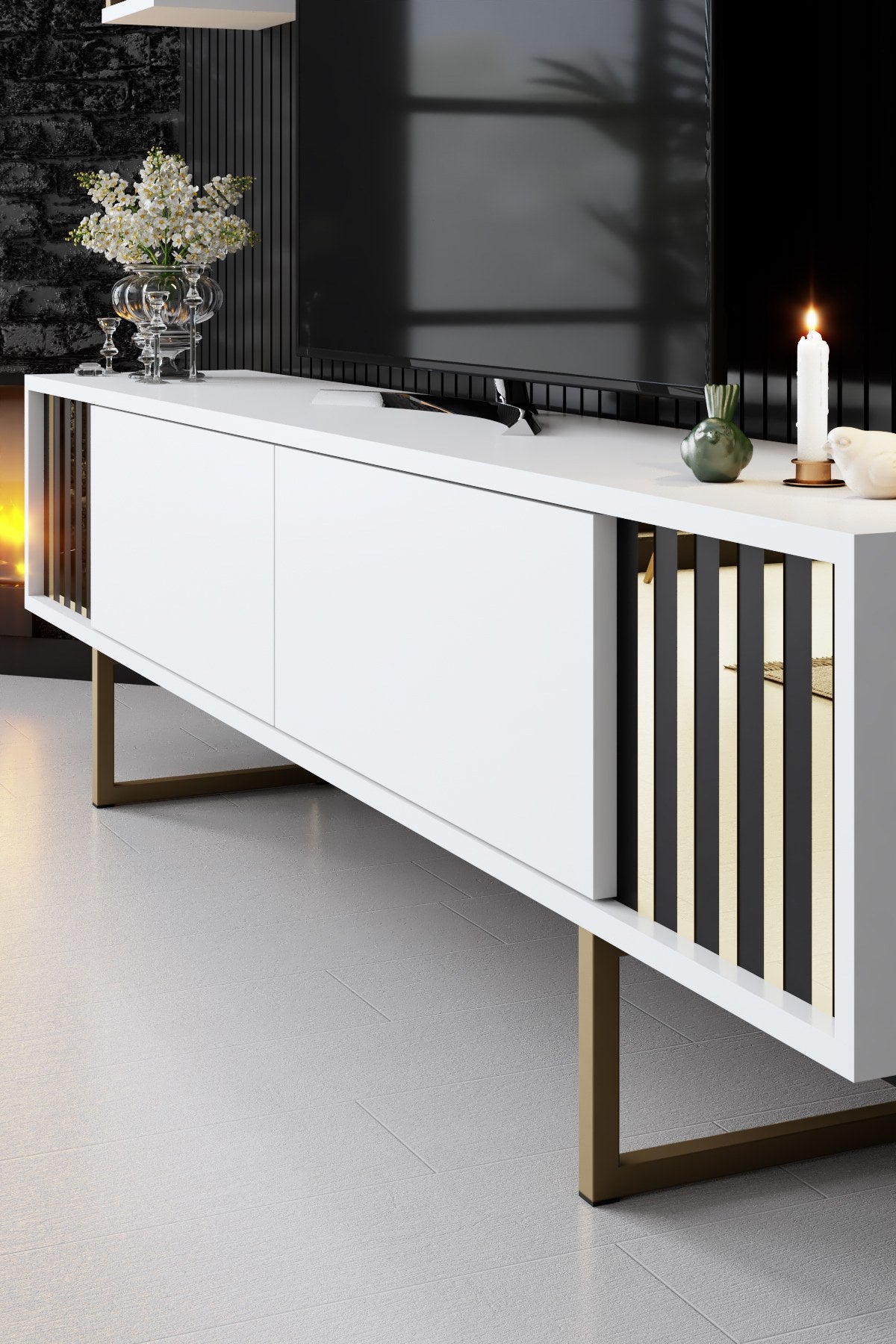 Komoda za TV, Gold Line - White, Black