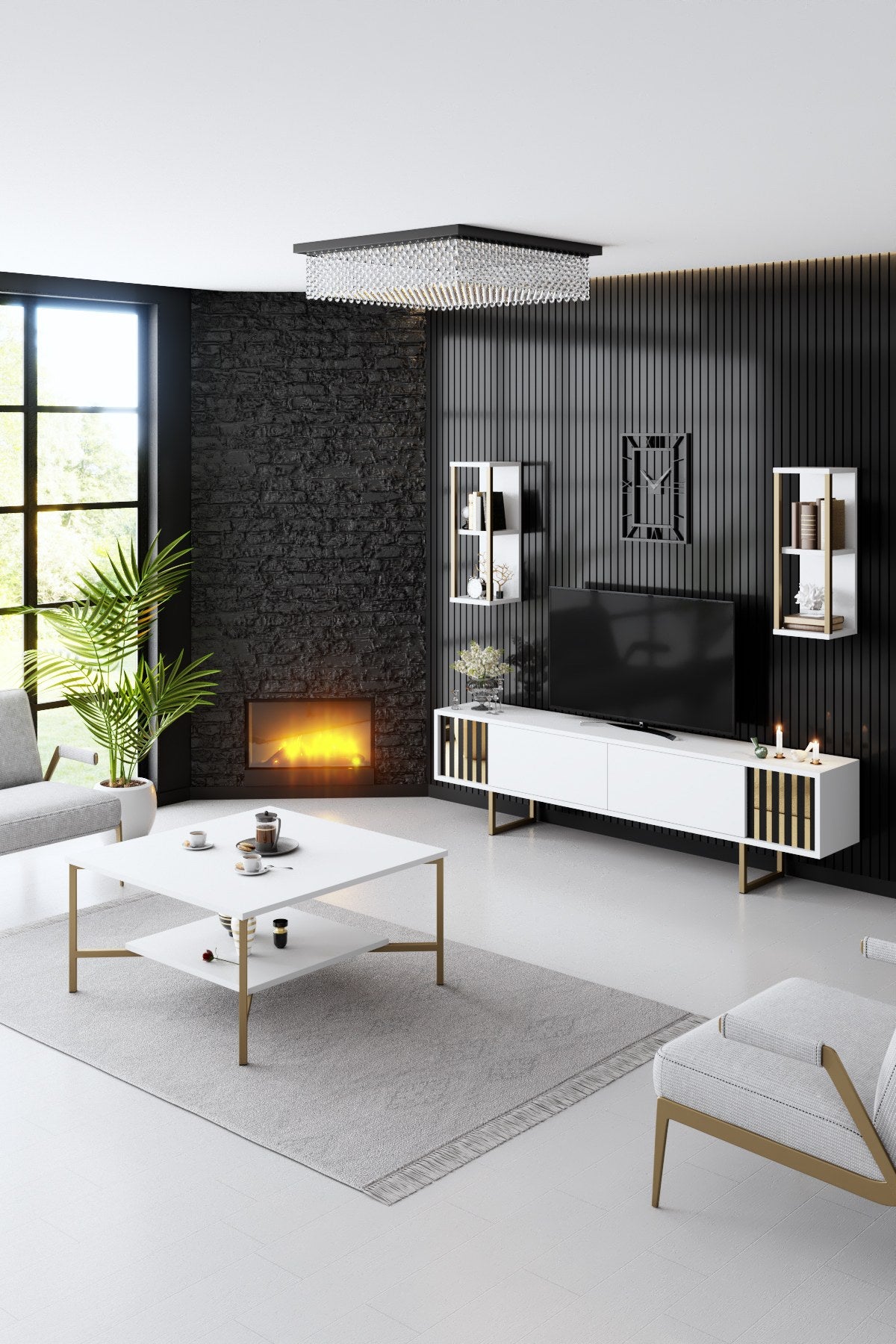 Komoda za TV, Gold Line - White, Black