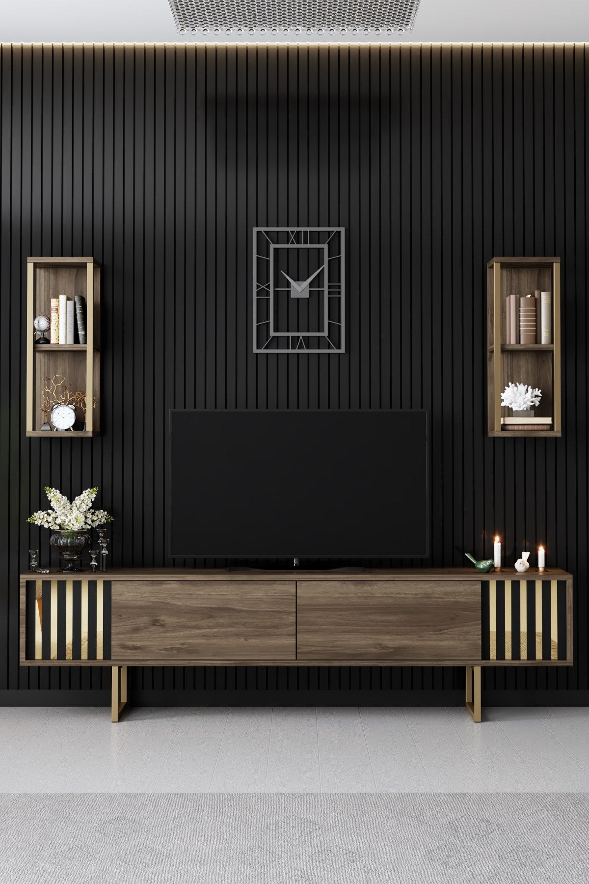 Komoda za TV, Gold Line - Walnut, Black