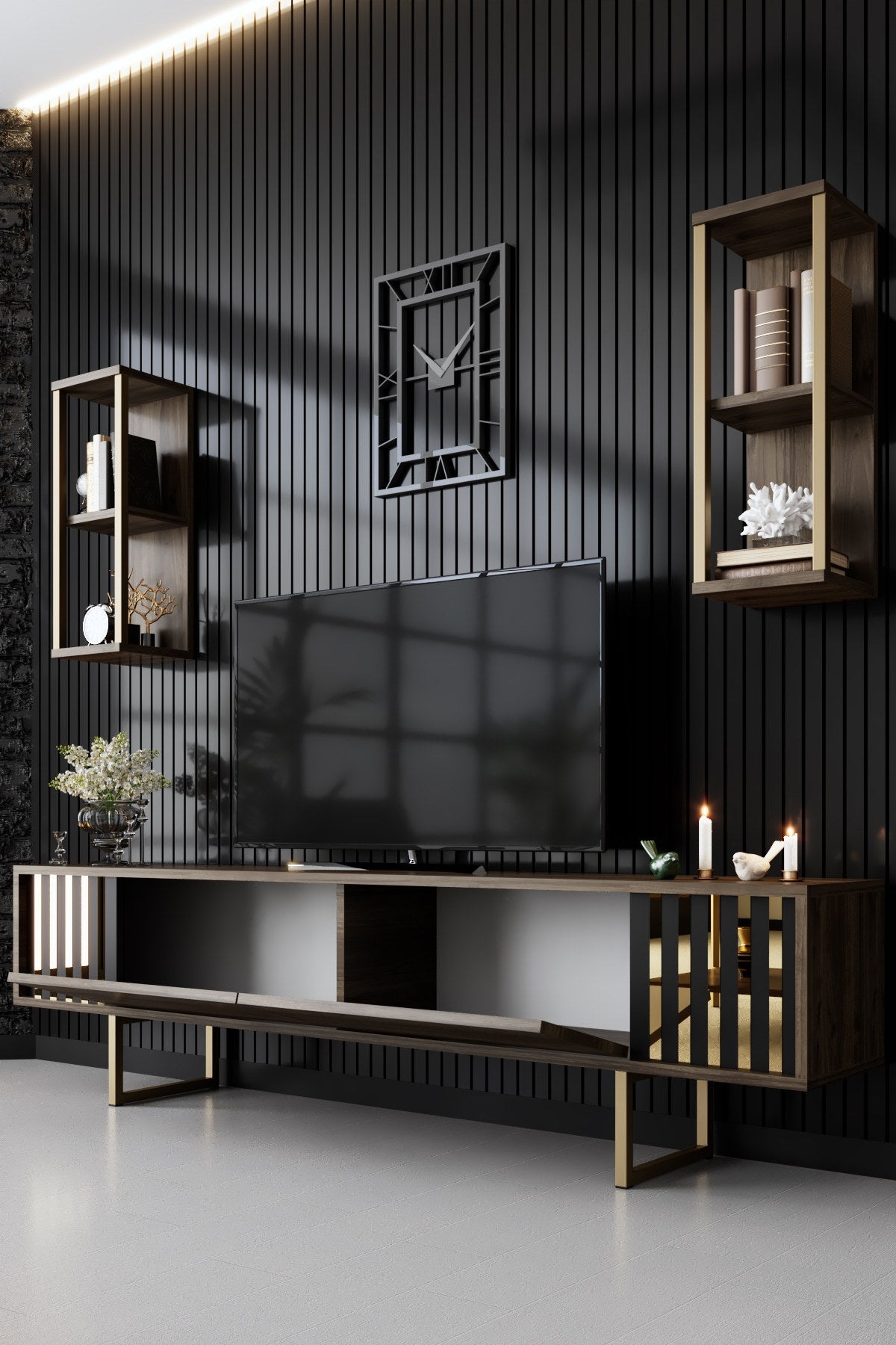 Komoda za TV, Gold Line - Walnut, Black