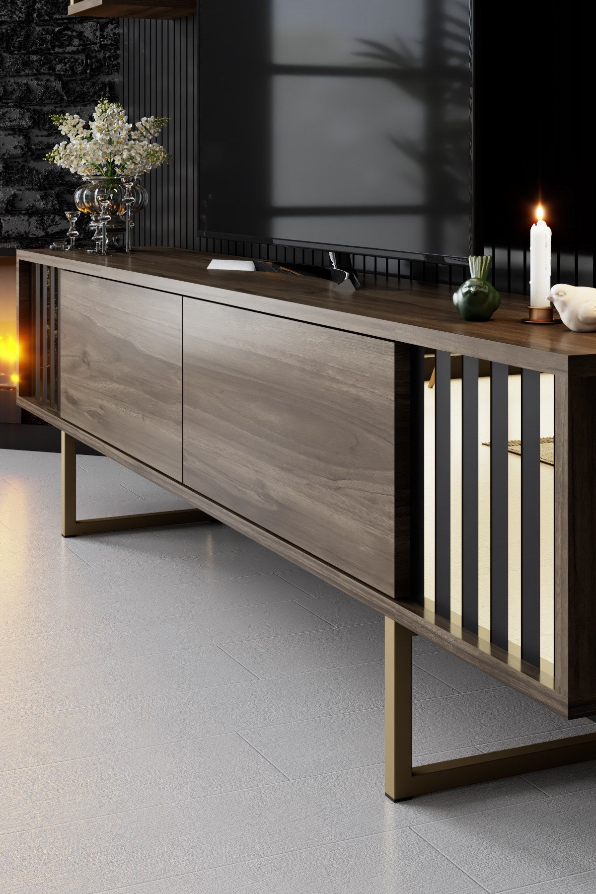 Komoda za TV, Gold Line - Walnut, Black