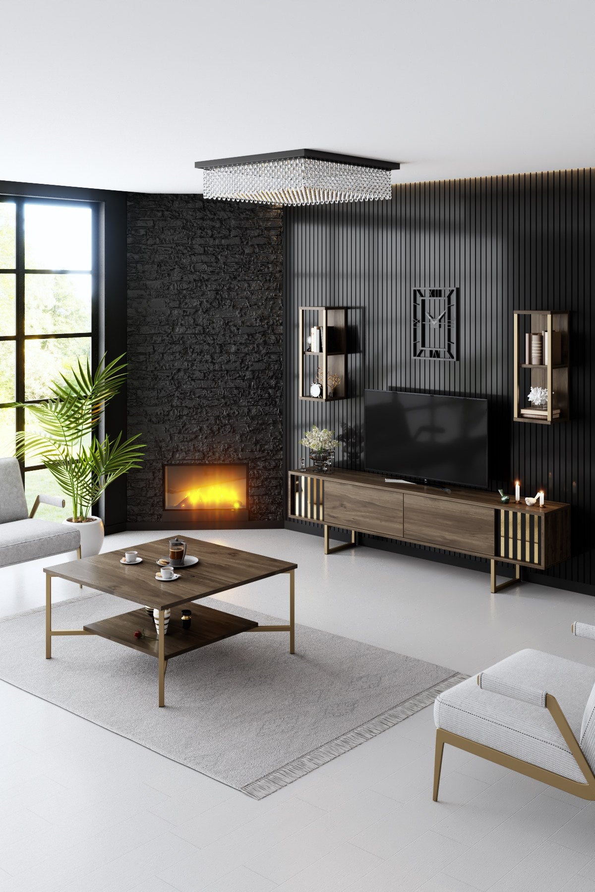 Komoda za TV, Gold Line - Walnut, Black