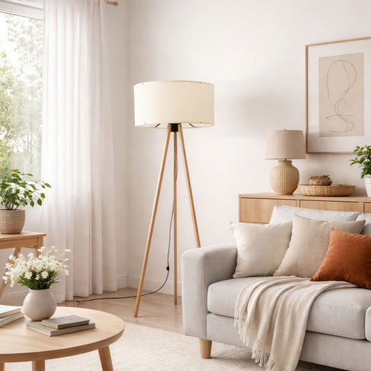 Podna lampa OAK bijela- drvo, 70% MDF- 30% platno , 38 x 140 cm, promjer sjenila 38 cm, duljina kabla 200 cm, E27 60 W max., AYD-1523