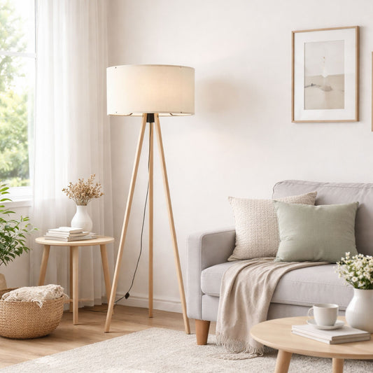 Podna lampa OAK bež- drvo, 70% MDF- 30% platno , 38 x 140 cm, promjer sjenila 38 cm, duljina kabla 200 cm, E27 60 W max., AYD-1524