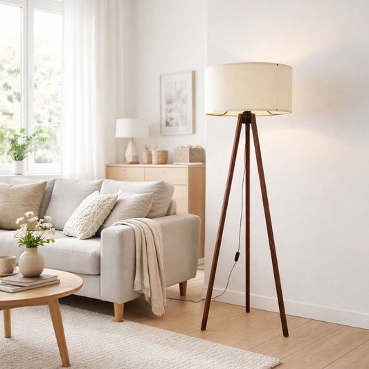 Podna lampa OAK bijela- drvo, 70% MDF- 30% platno , 38 x 140 cm, promjer sjenila 38 cm, duljina kabla 200 cm, E27 60 W max., AYD-1528