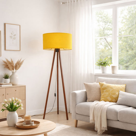 Podna lampa OAK žuta- drvo, 70% MDF- 30% platno , 38 x 140 cm, promjer sjenila 38 cm, duljina kabla 200 cm, E27 60 W max., AYD-1565