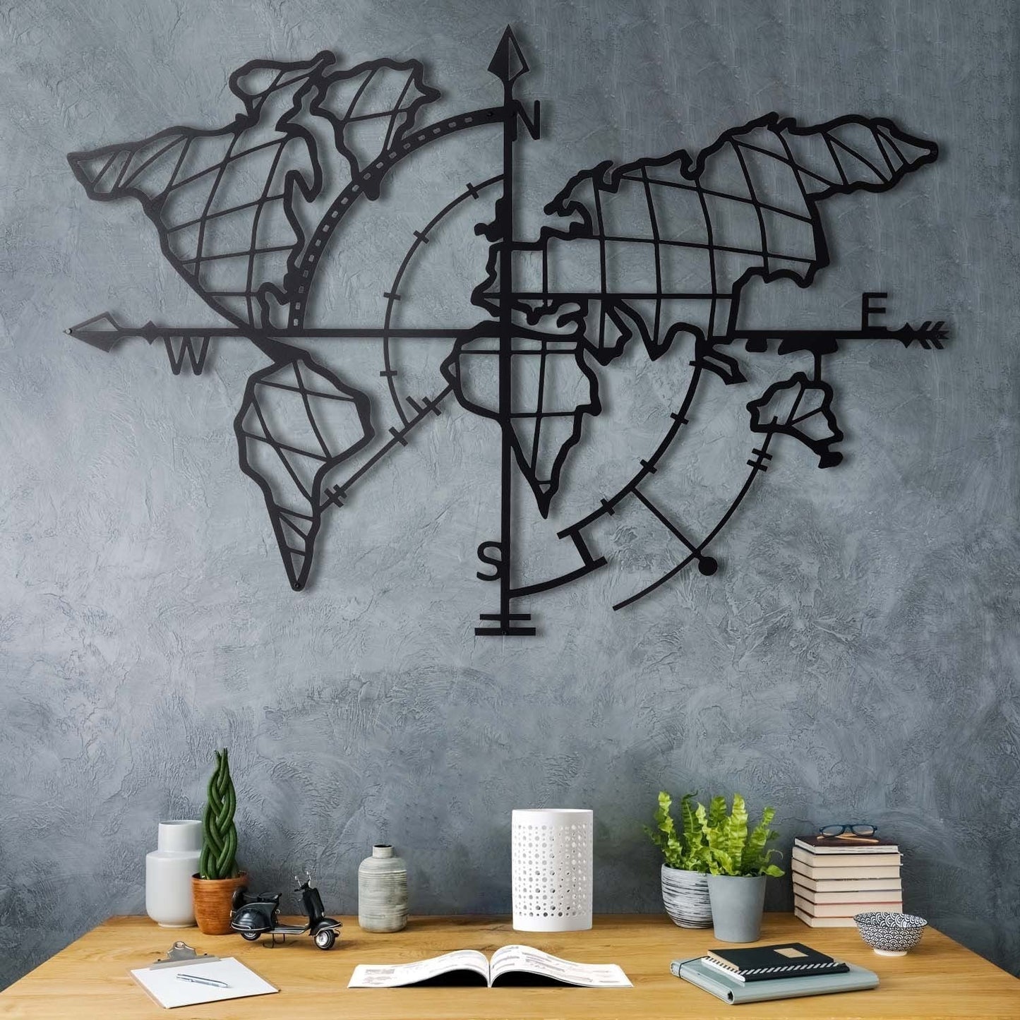 Zidna dekoracija WORLD, World Map Compass - Black