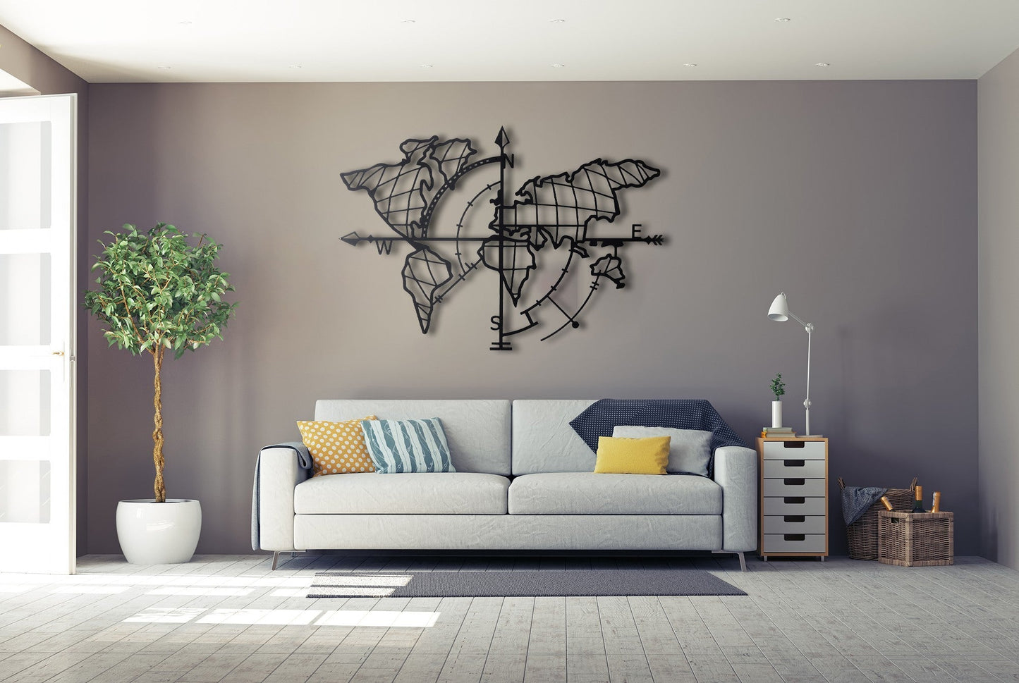 Zidna dekoracija WORLD, World Map Compass - Black