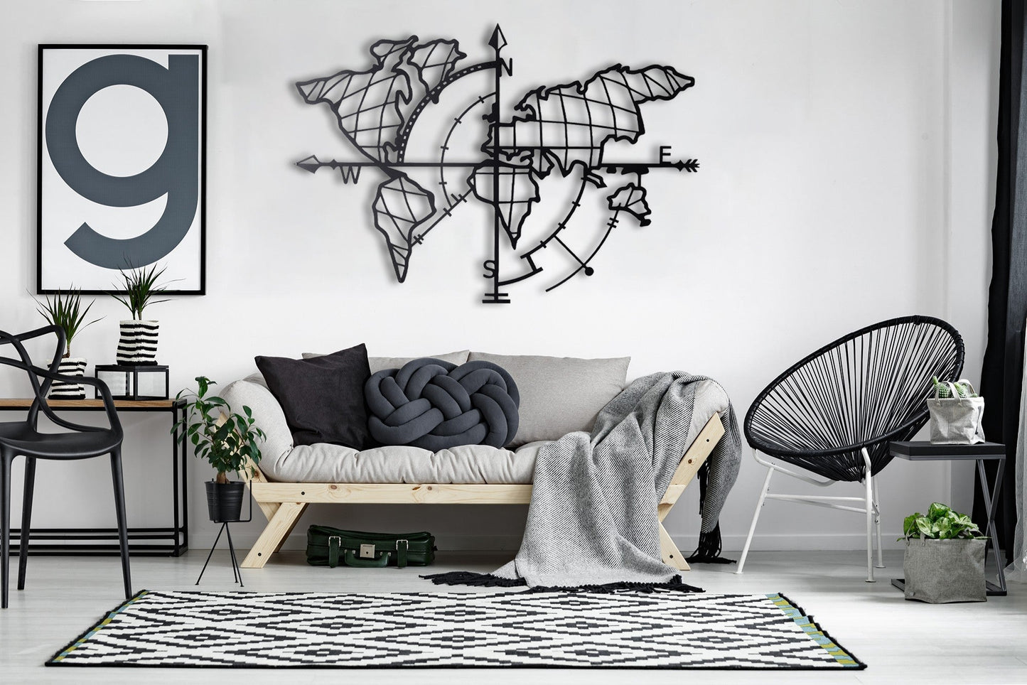 Zidna dekoracija WORLD, World Map Compass - Black