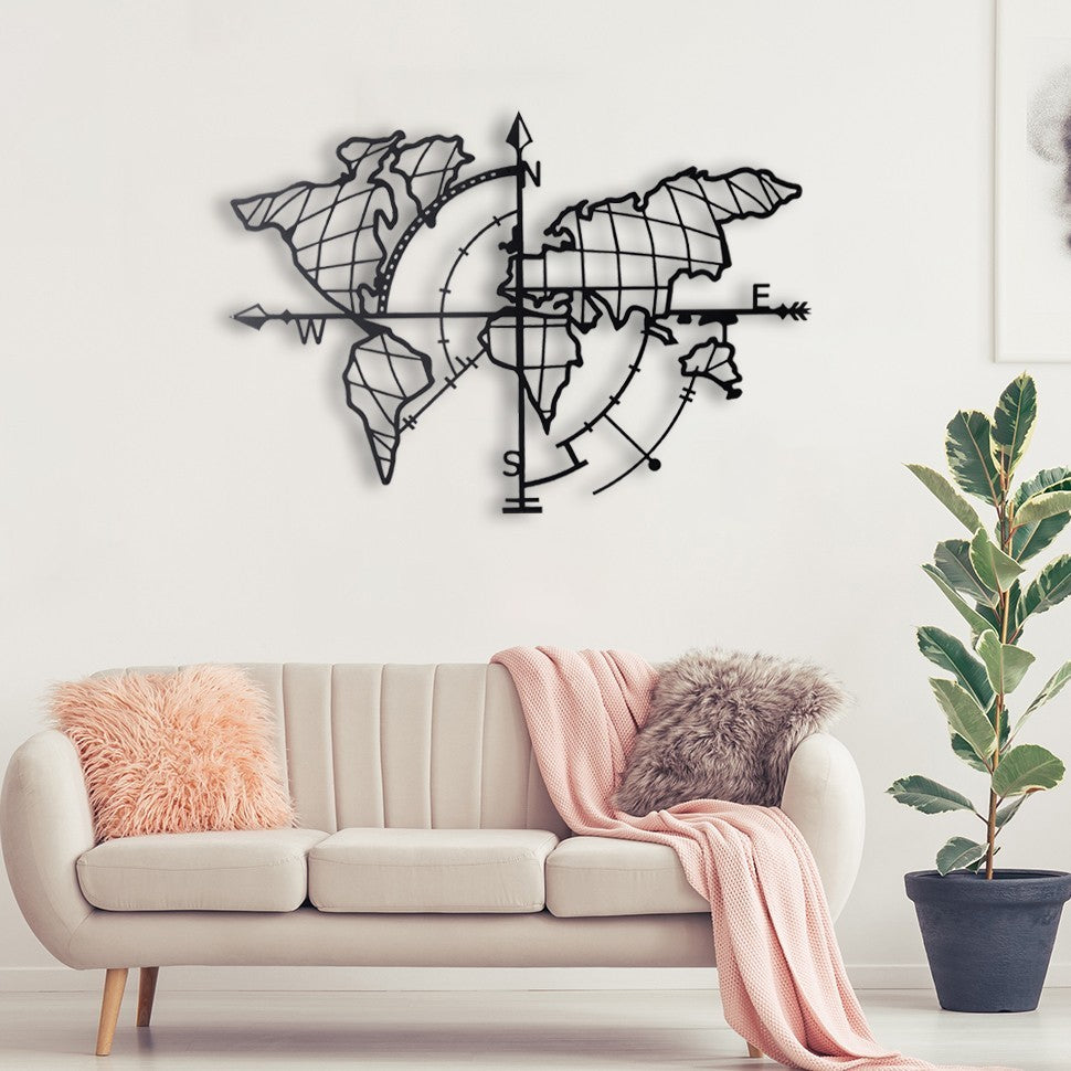 Zidna dekoracija WORLD, World Map Compass - Black