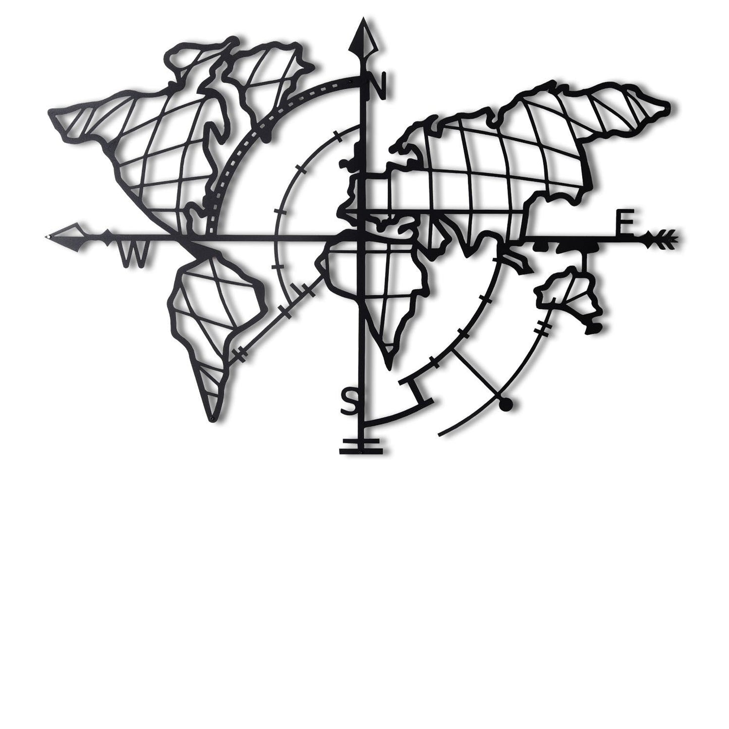 Metalna zidna dekoracija, World Map Compass Led - Black