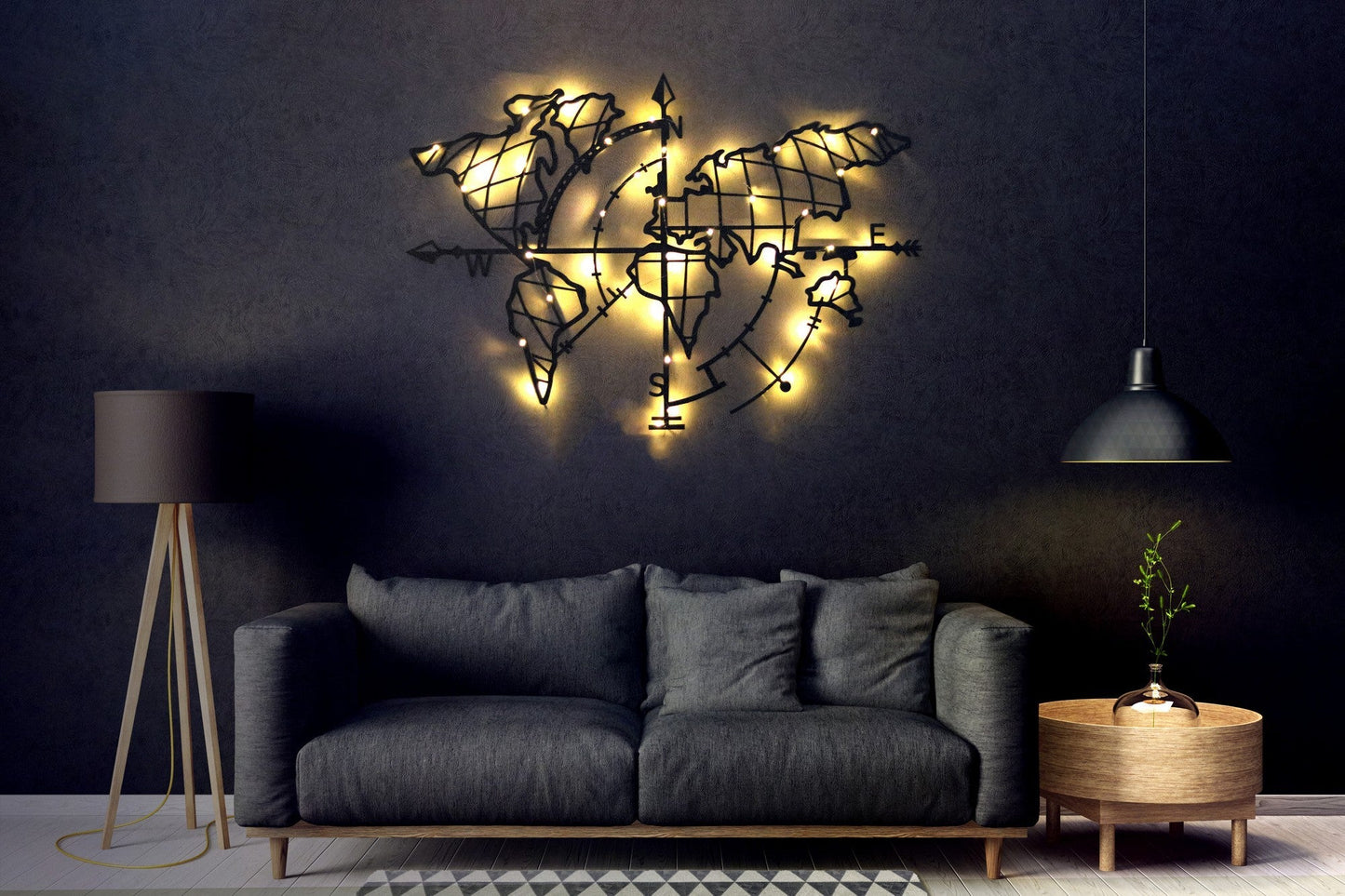 Metalna zidna dekoracija, World Map Compass Led - Black
