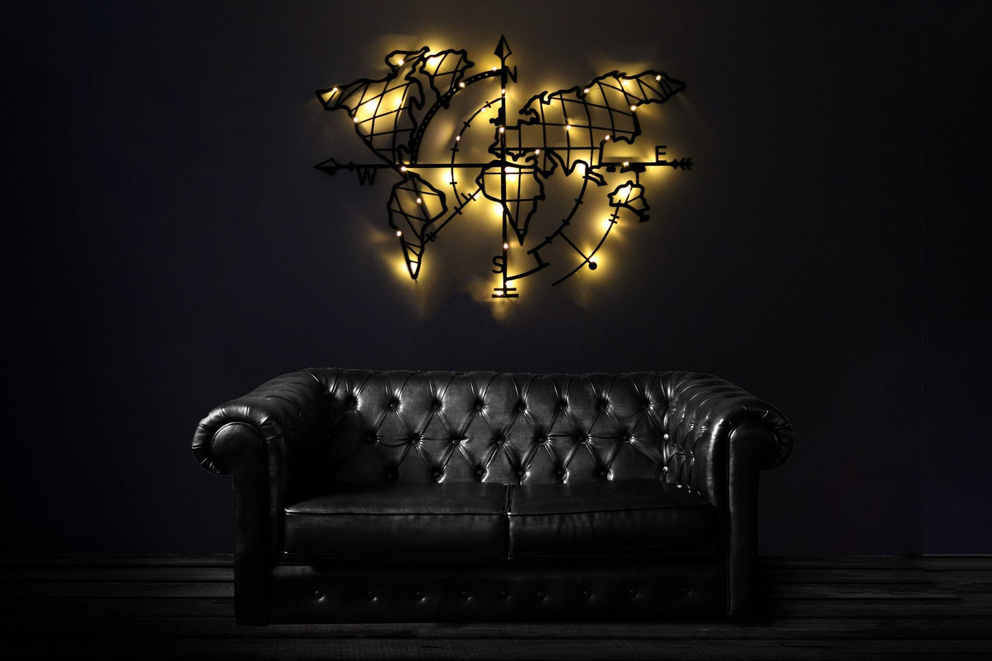 Metalna zidna dekoracija, World Map Compass Led - Black
