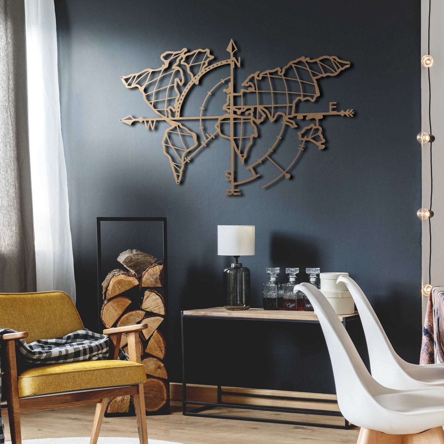 Metalna zidna dekoracija, World Map Compass Gold