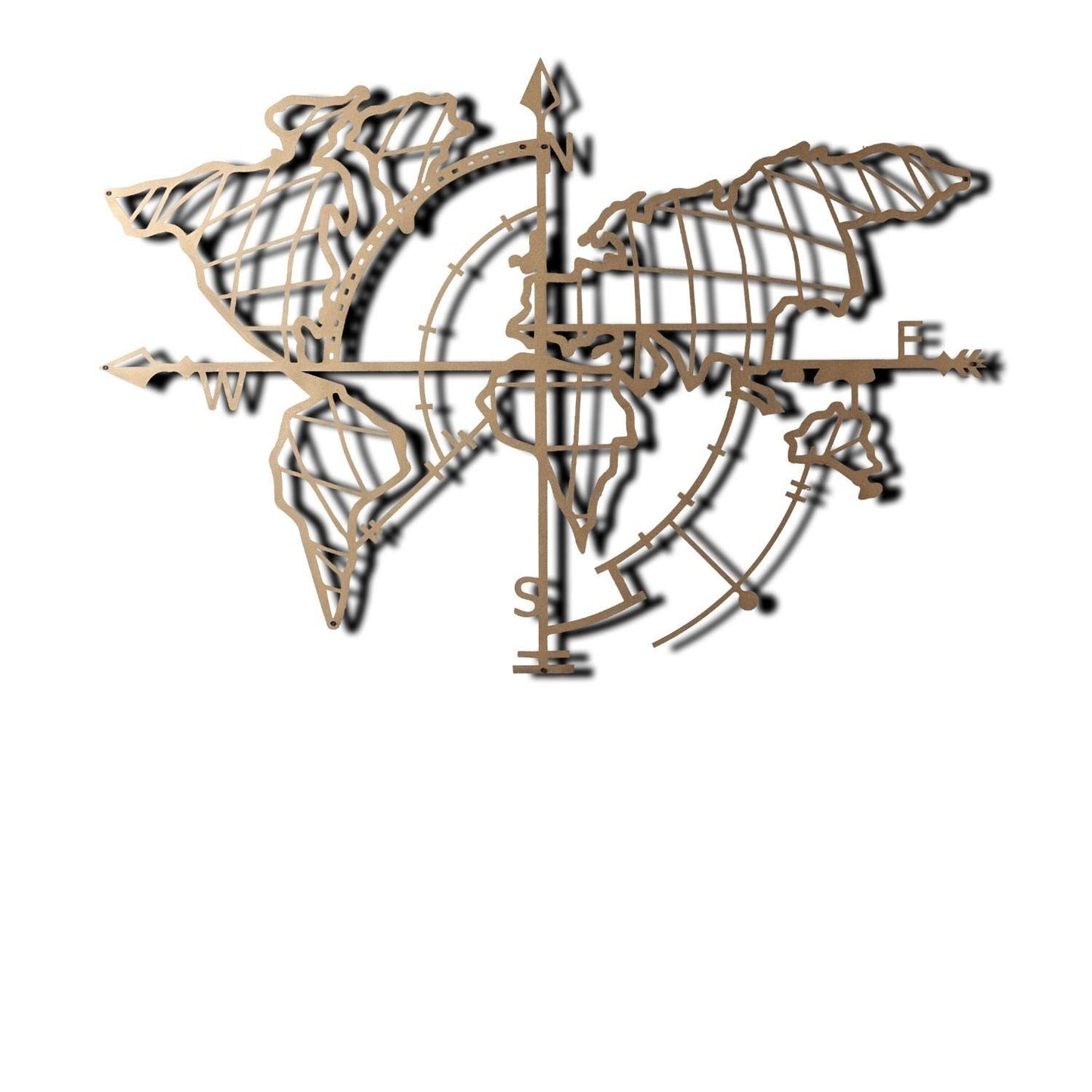 Metalna zidna dekoracija, World Map Compass Gold