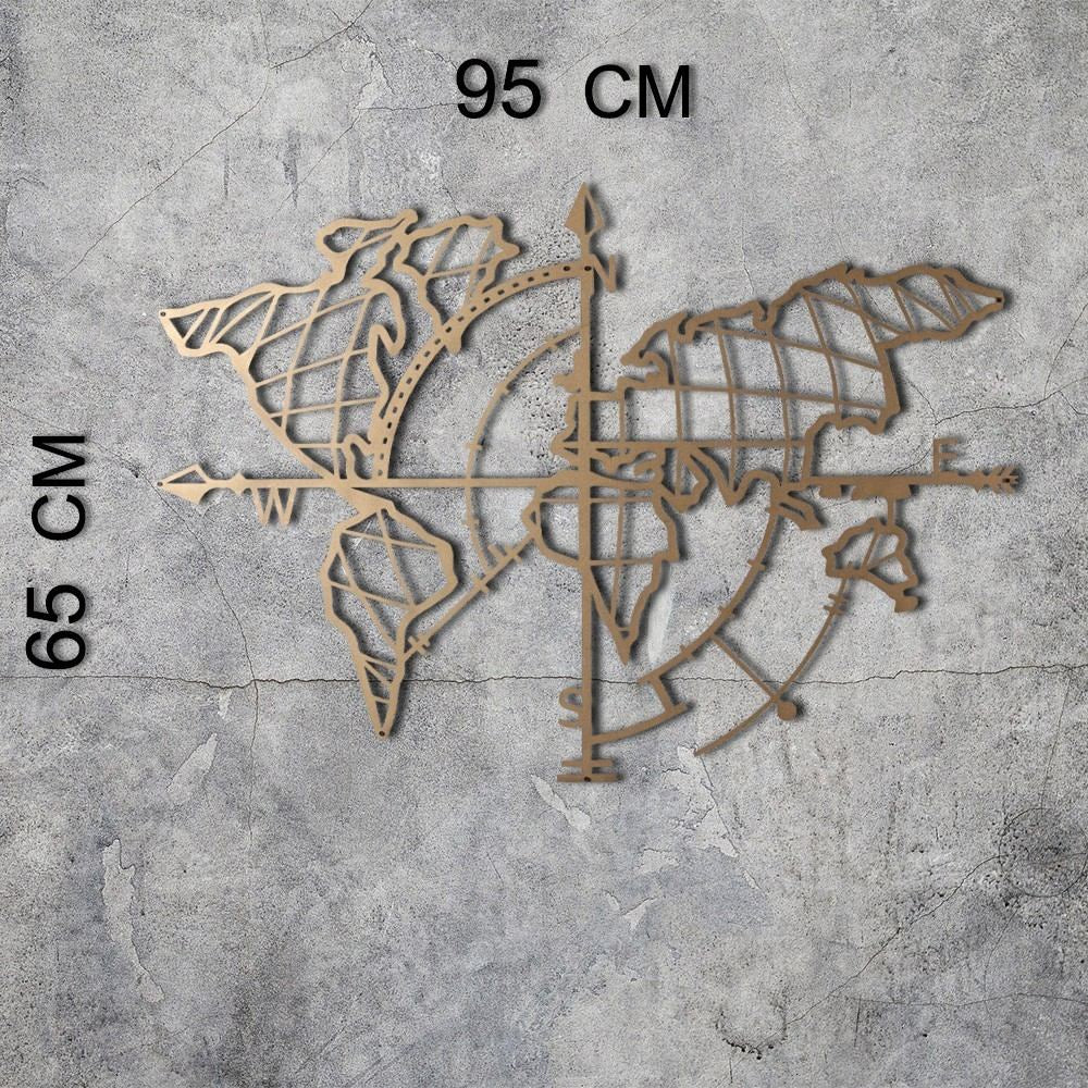 Metalna zidna dekoracija, World Map Compass Gold