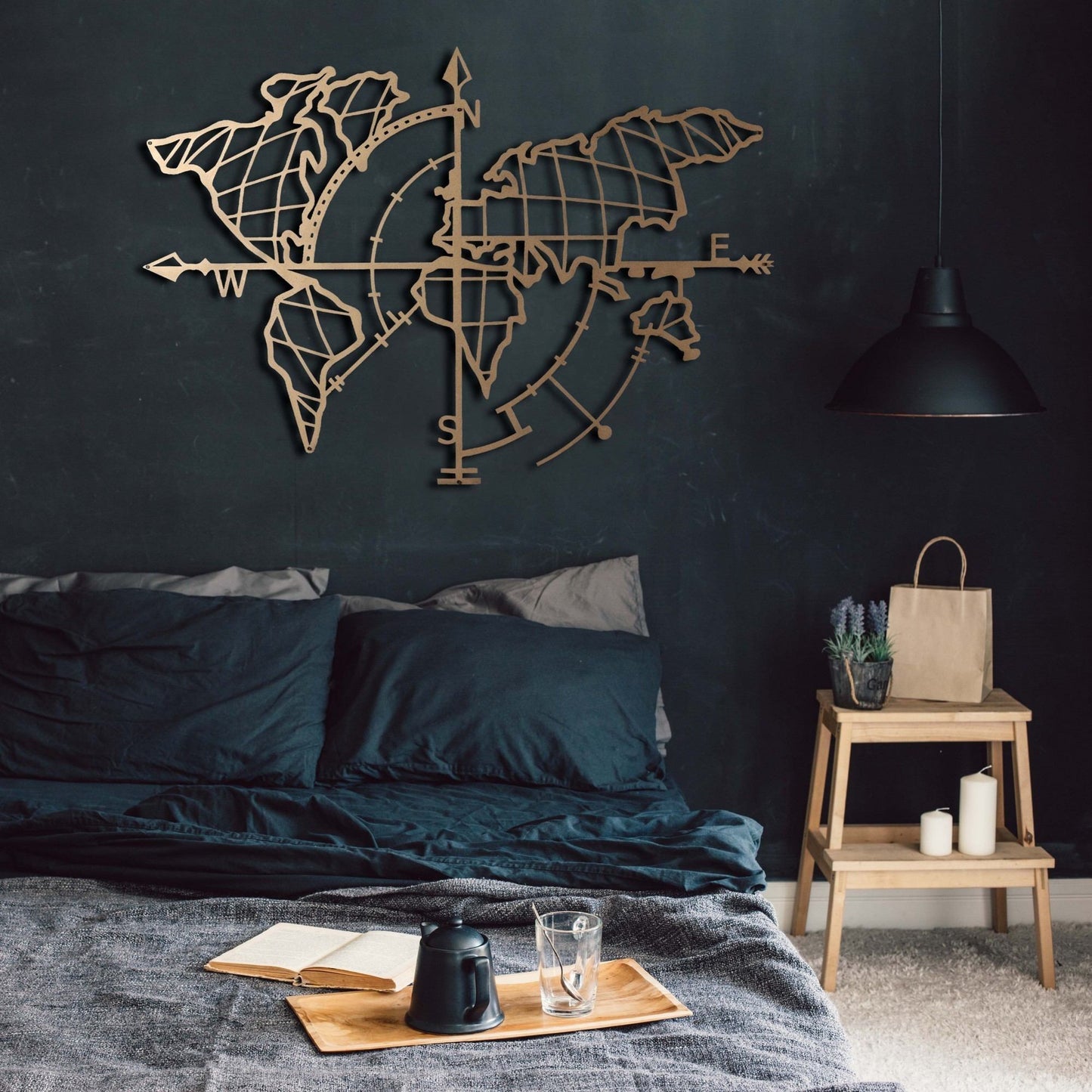 Metalna zidna dekoracija, World Map Compass Gold