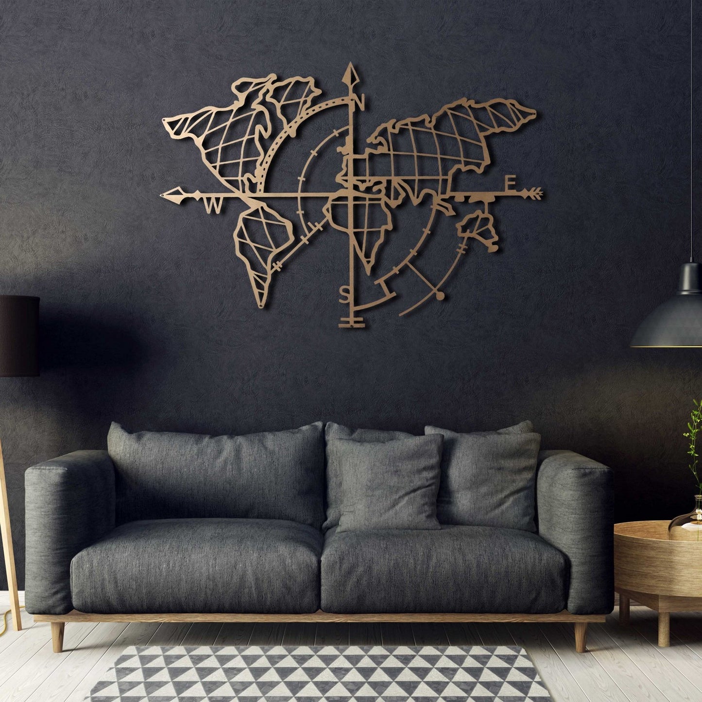 Metalna zidna dekoracija, World Map Compass Gold