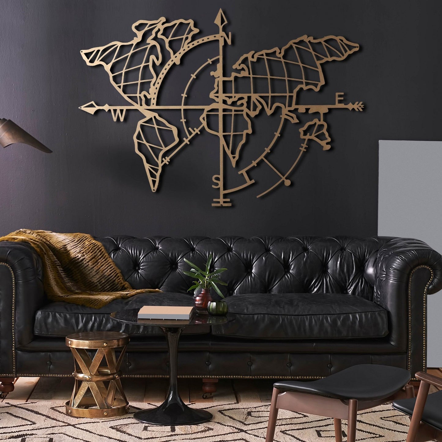 Metalna zidna dekoracija, World Map Compass Gold