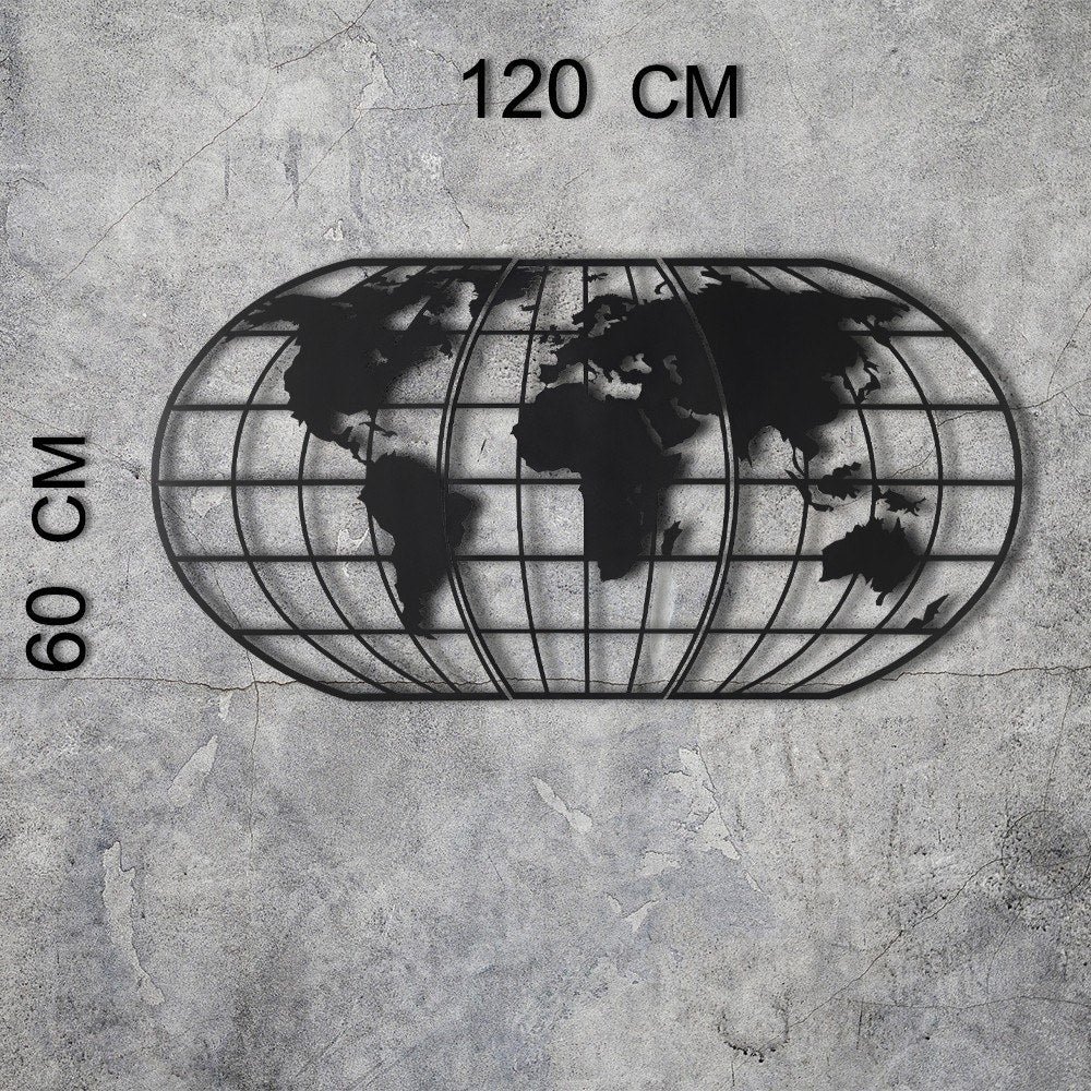 Metalna zidna dekoracija, World Map Globe - Black