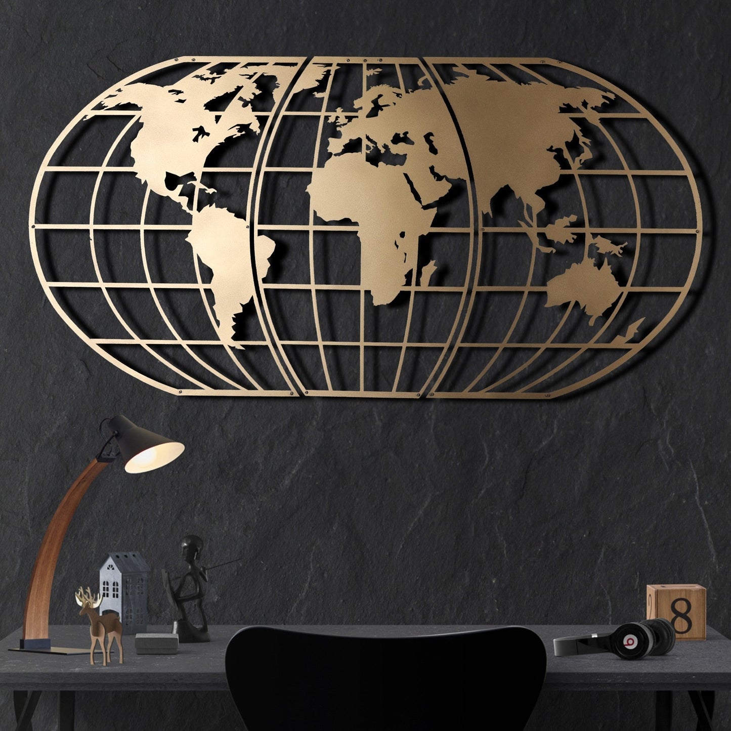 Metalna zidna dekoracija, World Map Globe - Gold