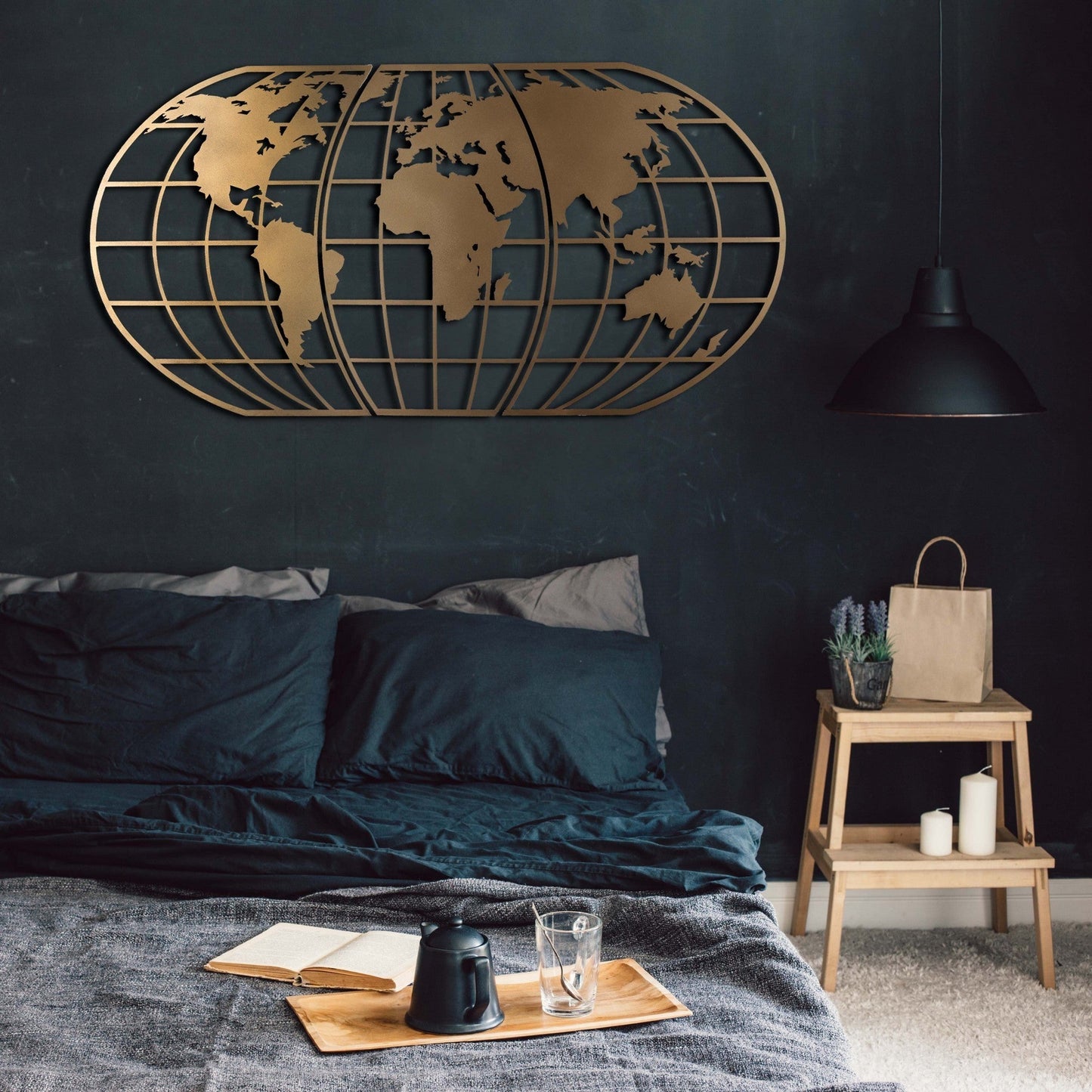 Metalna zidna dekoracija, World Map Globe - Gold