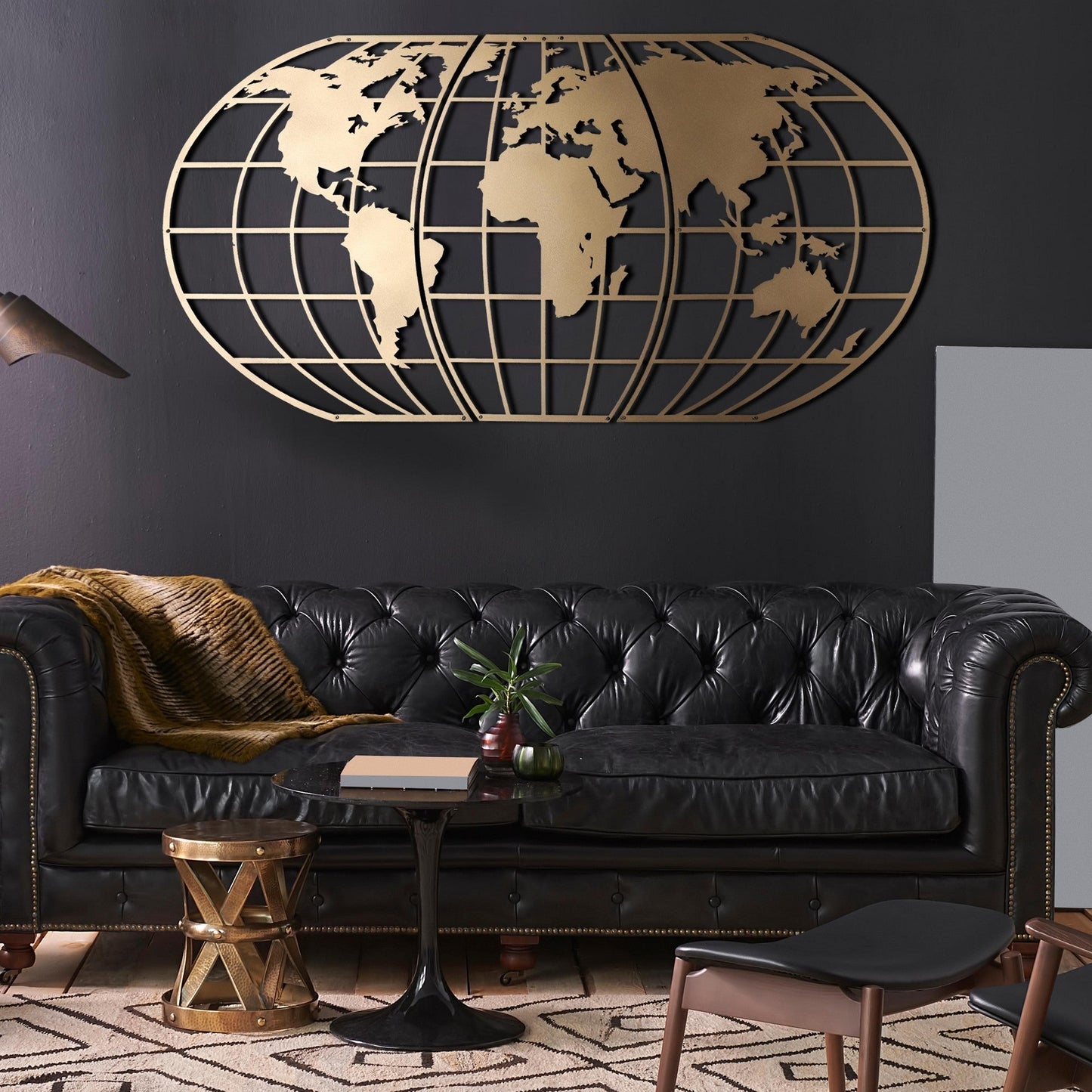 Metalna zidna dekoracija, World Map Globe - Gold