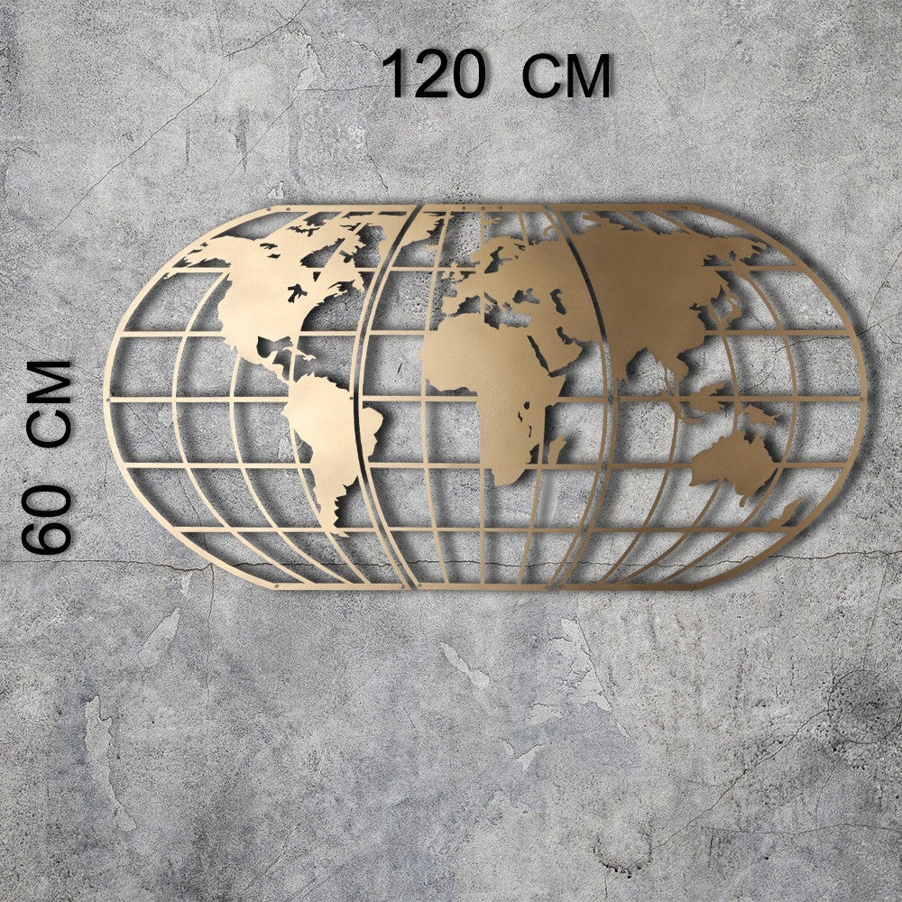 Metalna zidna dekoracija, World Map Globe Led - Gold