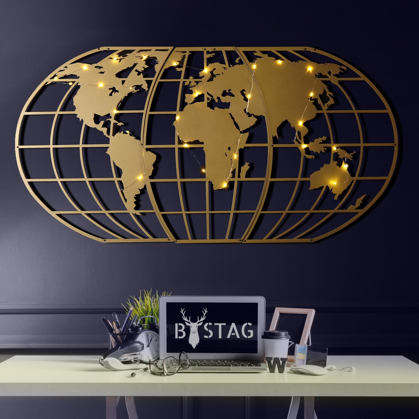Metalna zidna dekoracija, World Map Globe Led - Gold