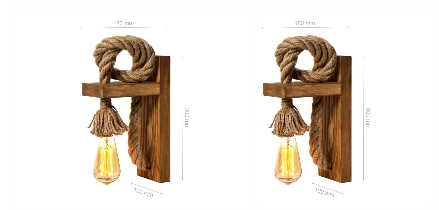 Zidna lampa HALAT set 2 komada, drvo 3x 10 cm, ručni rad, dimenzija 18 x 30 x 10 cm, duljina konopca 1 m, 1 x E27 40 W, KN15