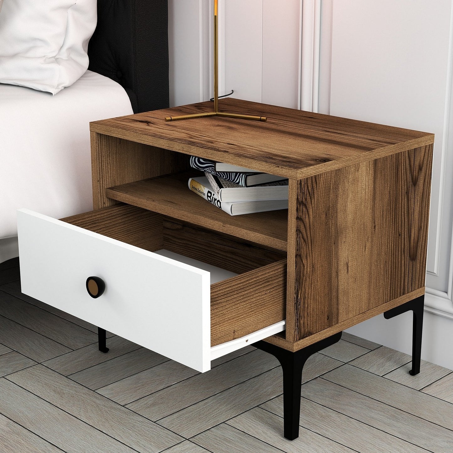 Noćni ormarić, Lizbon 530 - Walnut, White