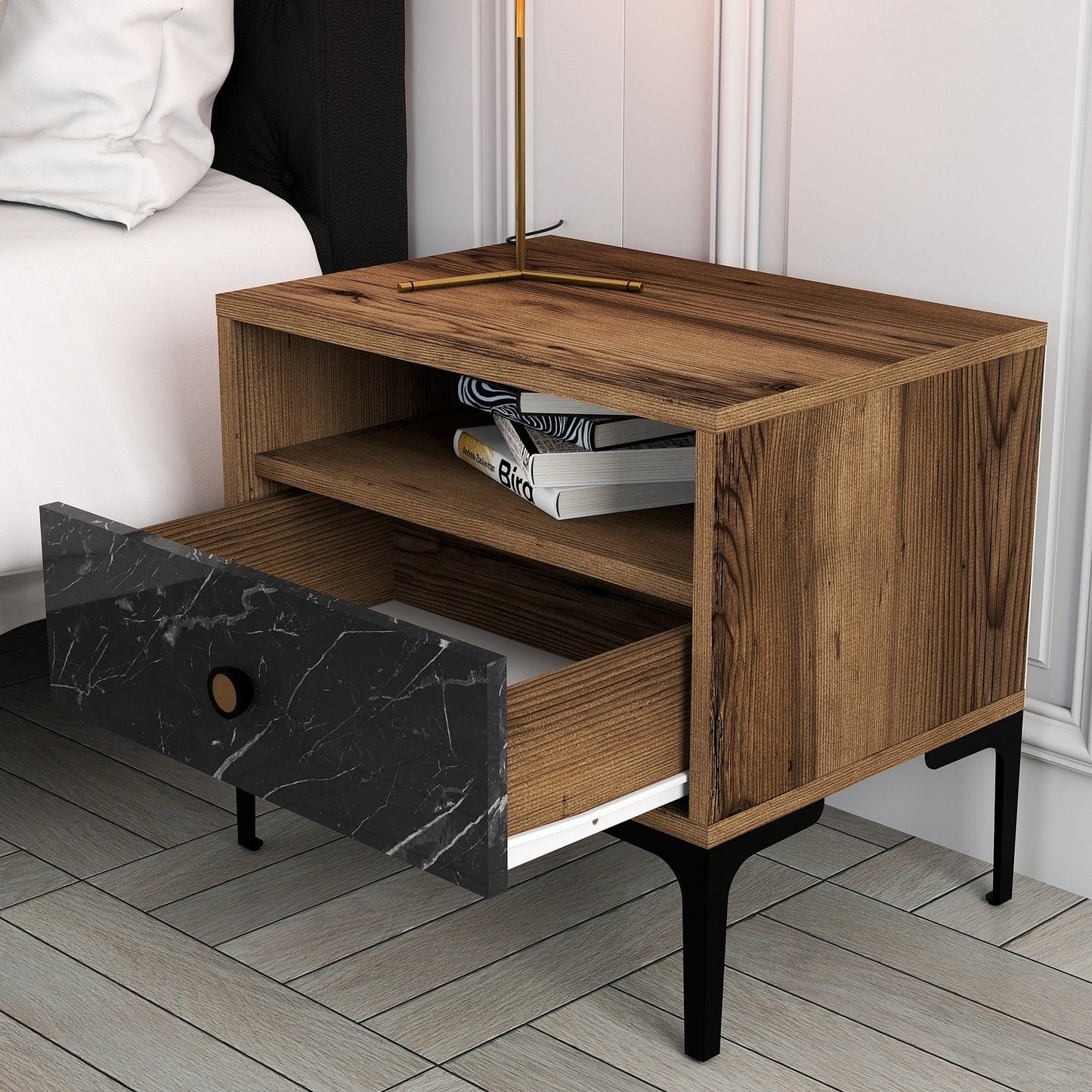 Noćni ormarić, Lizbon 534 - Walnut, Black
