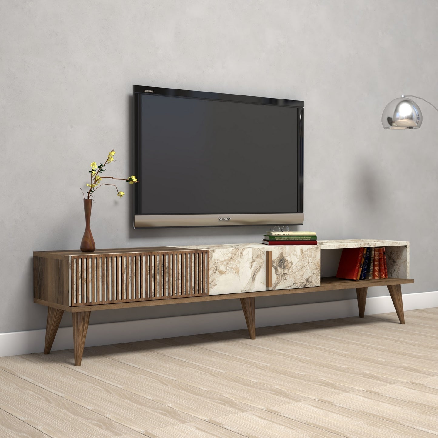 Stalak za televizor, Milan - Walnut, White Marble
