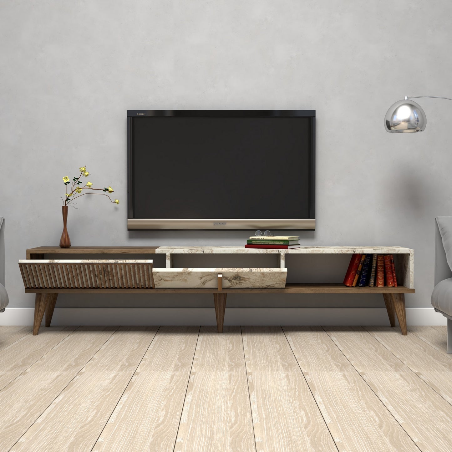 Stalak za televizor, Milan - Walnut, White Marble