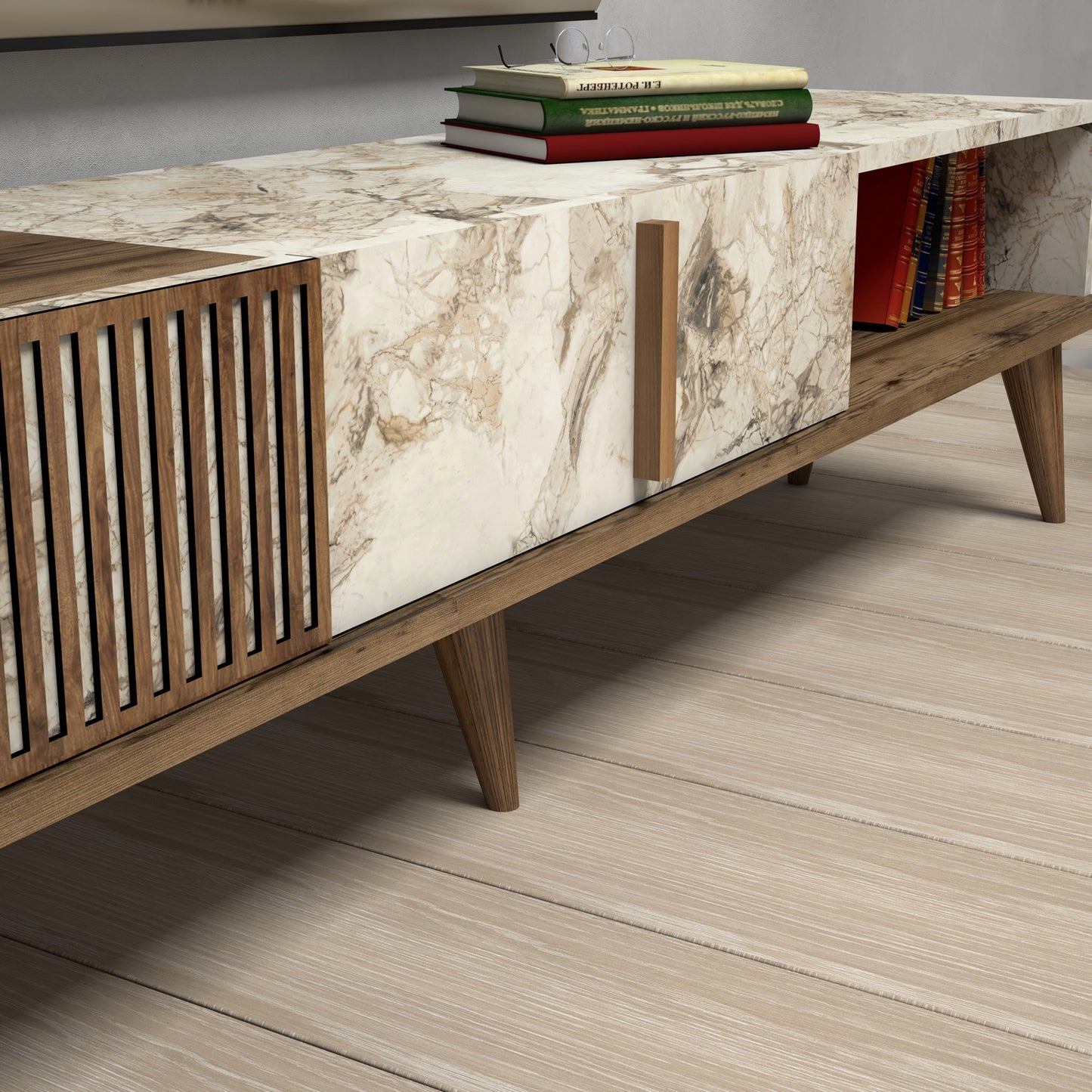 Stalak za televizor, Milan - Walnut, White Marble