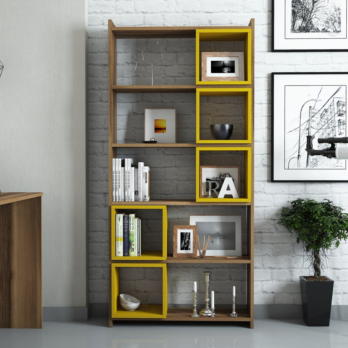 Polica za knjige, Box - Walnut, Yellow