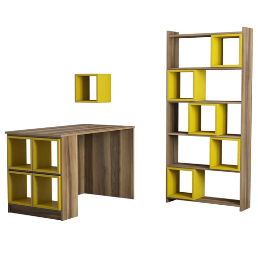 Studijski stol i policu za knjige, Box - Walnut, Yellow