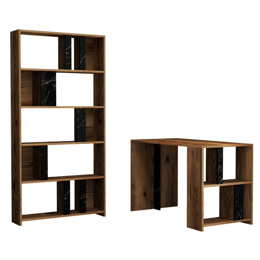 Studijski stol i policu za knjige, Lima - Walnut, Black Marble