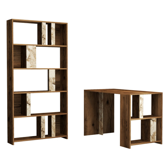 Studijski stol i policu za knjige, Lima - Walnut, White Marble