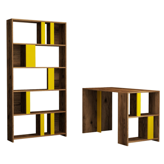 Studijski stol i policu za knjige, Lima - Walnut, Yellow