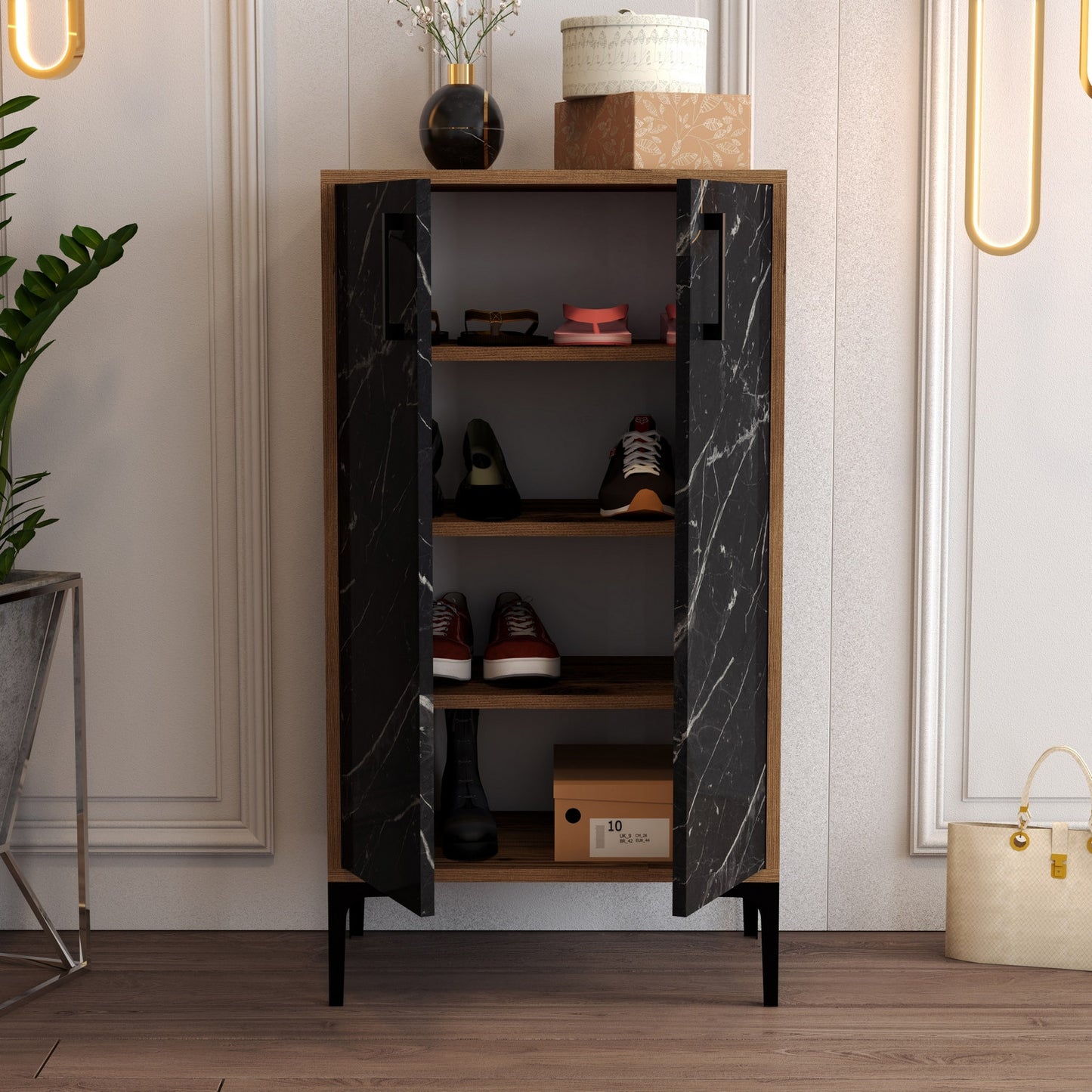 Ormar za cipele, Prag - Walnut, Black Marble