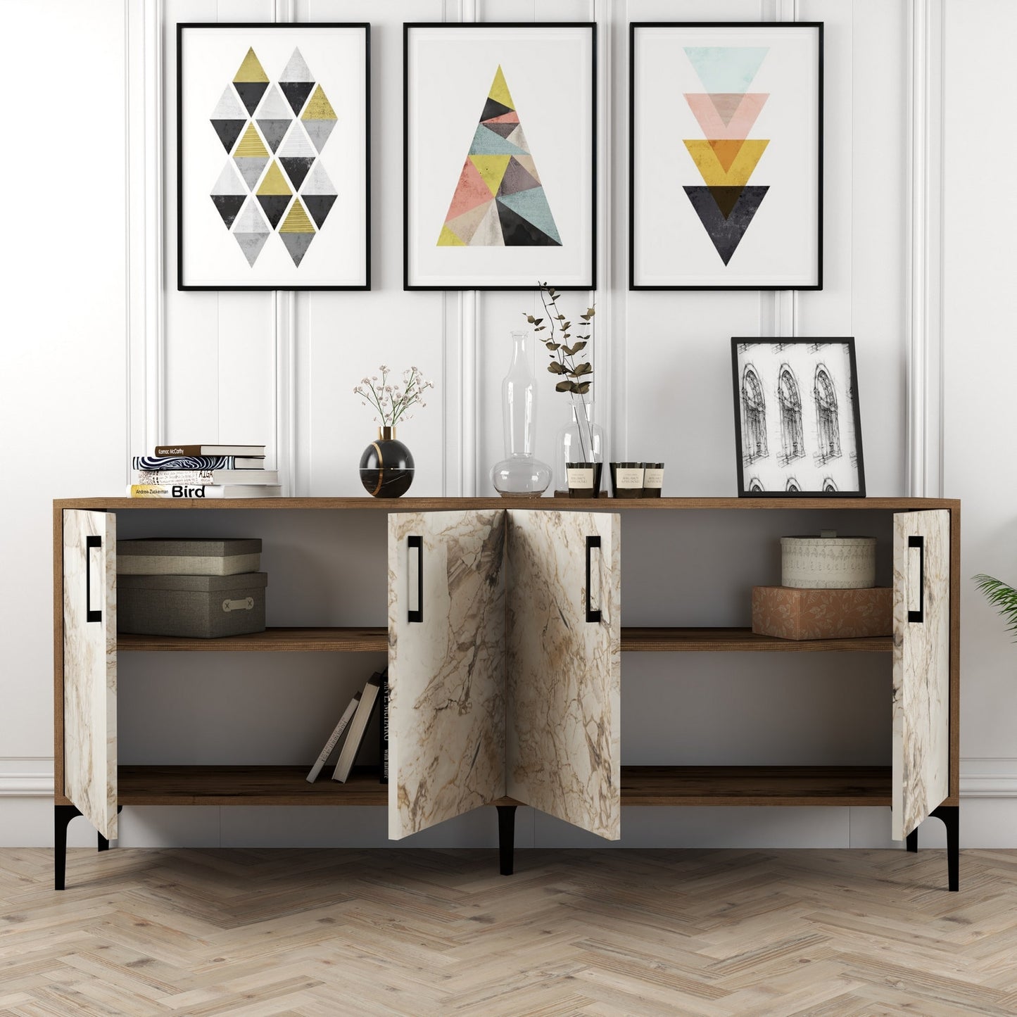 Komoda, Kiev - Walnut, White Marble