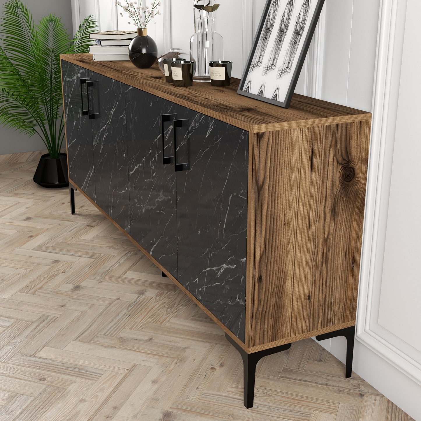 Komoda, Kiev - Walnut, Black Marble