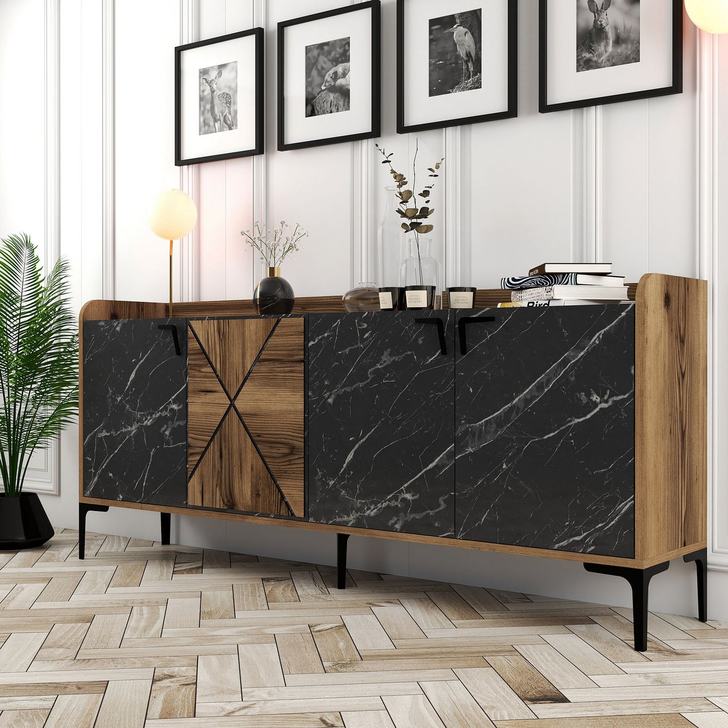 Konzola, Venedik - Walnut, Black Marble