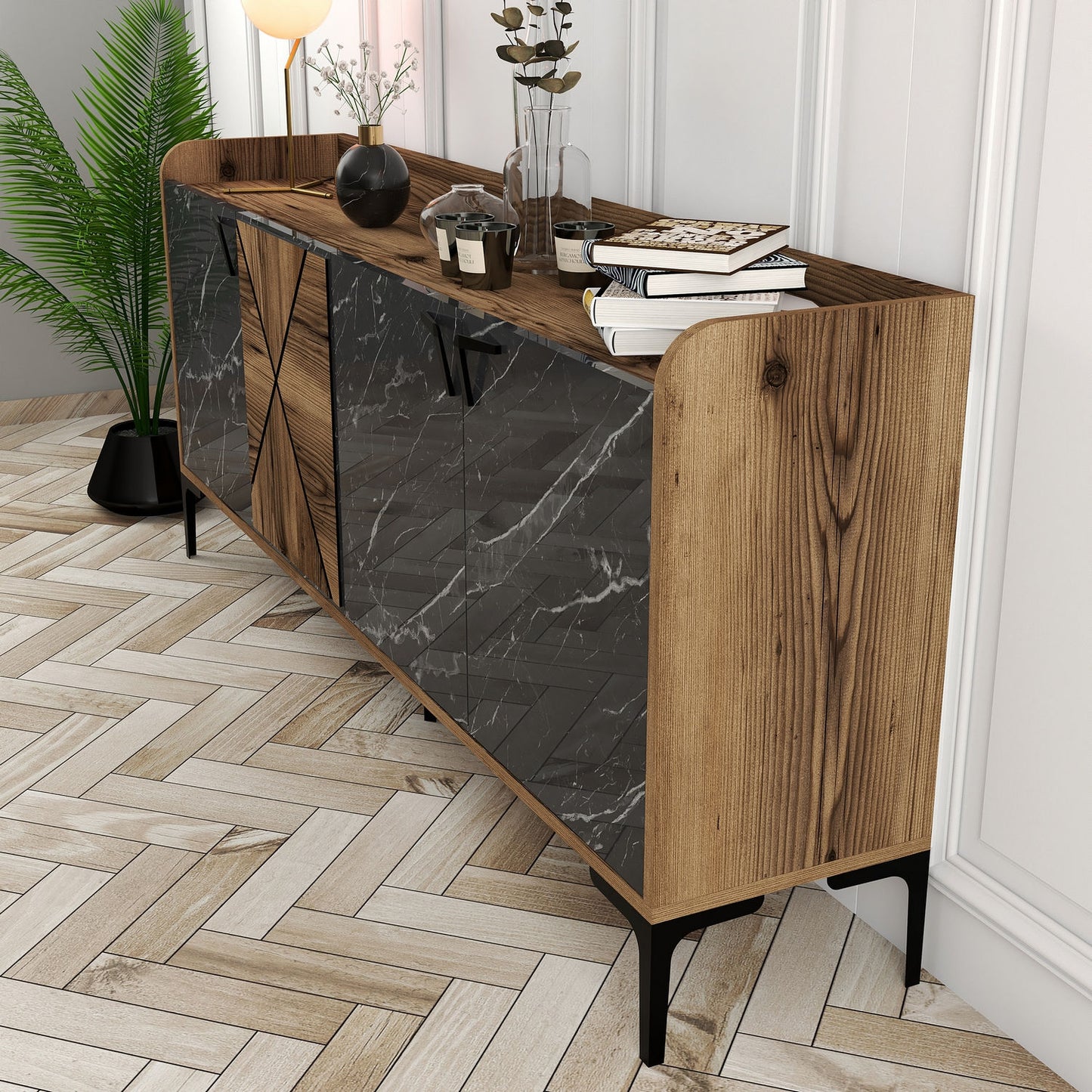 Konzola, Venedik - Walnut, Black Marble